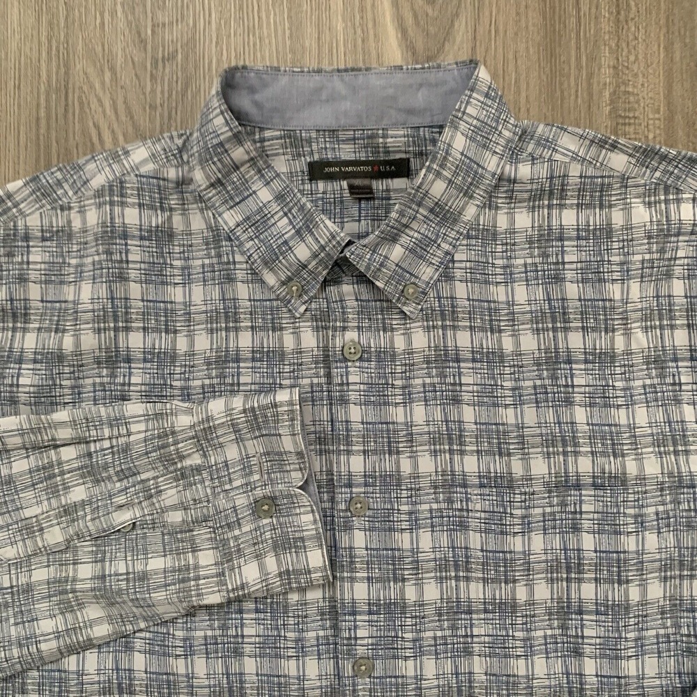 John Varvatos USA Button Shirt Men XL Blue Gray Plaid Cotton Stretch Casual Thin